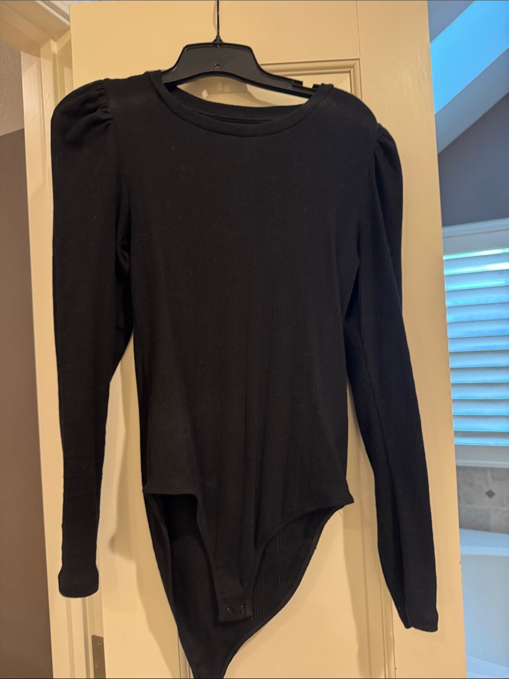 Black Long-Sleeve Puff Shoulder Bodysuit - Women Tops